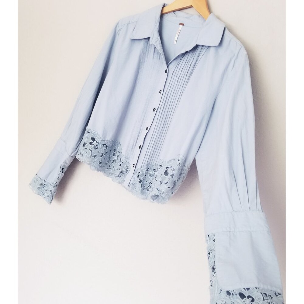 Free People Crochet Lace Trim Hooked On You Top Button Front Shirt Blue M $128 - Picture 15 of 16